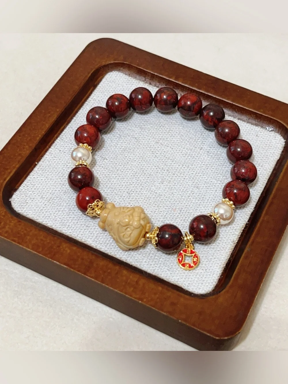 Natural Red Jasper Handmade Bracelet with Cute Alashan Agate Charm option 10mm